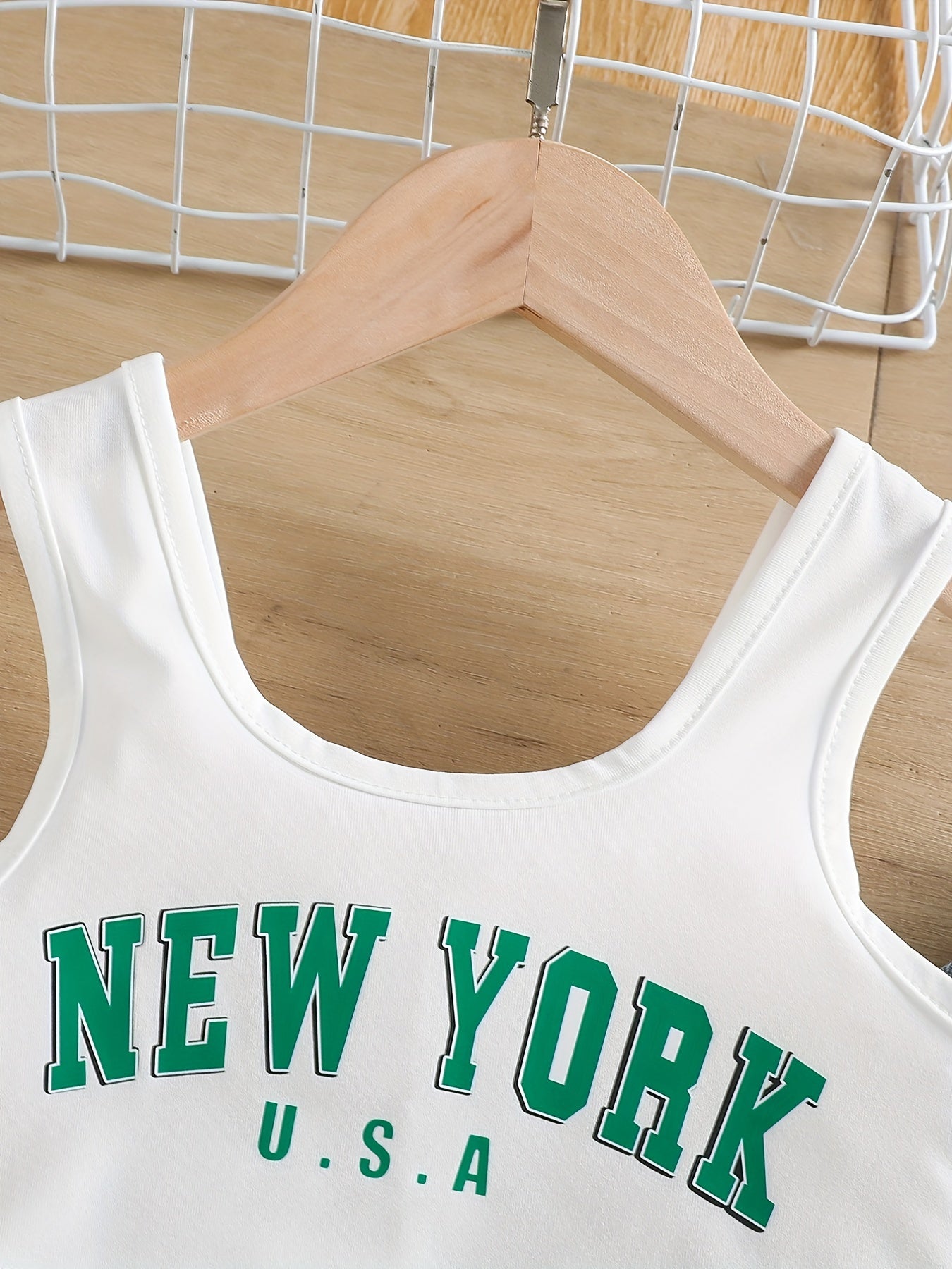 Girls Tank Crop Top & Elastic Waist Jeans 2pcs York Print Casual Kids Clothes