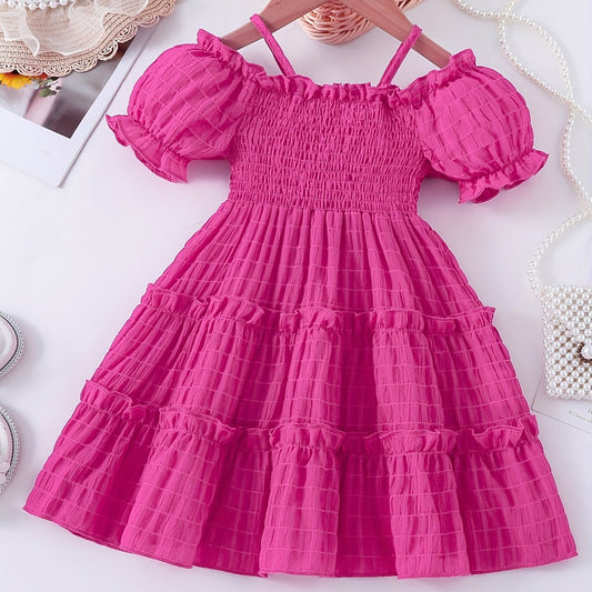 Toddler Girls Cold Shoulder Princess Dress Frill Trim Shirred Party Beach Vacati