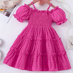 Toddler Girls Cold Shoulder Princess Dress Frill Trim Shirred Party Beach Vacati