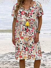 Boho Dress Women's Plus Floral Print Short Sleeve V Neck Midi Dress