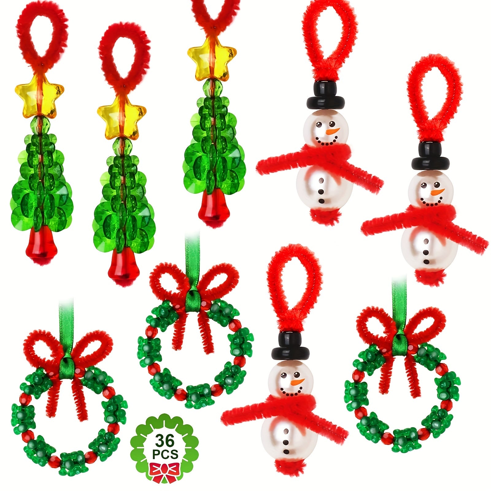 Christmas Beaded Ornament Kit 36pcs Snowman Tree Wreath Craft Party Holiday