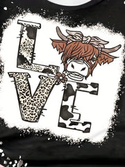 Girls Cow Print LOVE Print T shirt Western Style Tees Pullover Party Gift