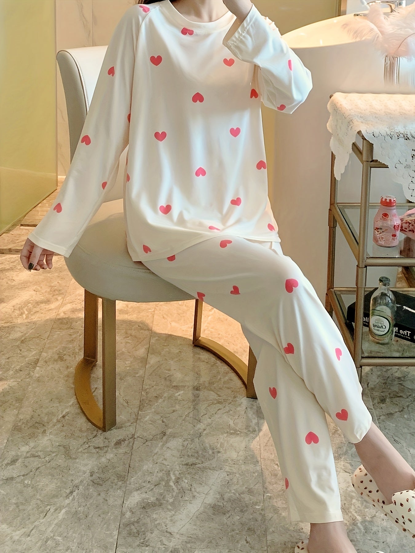 Heart Print Long Sleeve Pajama Set Women's Sleepwear & Loungewear
