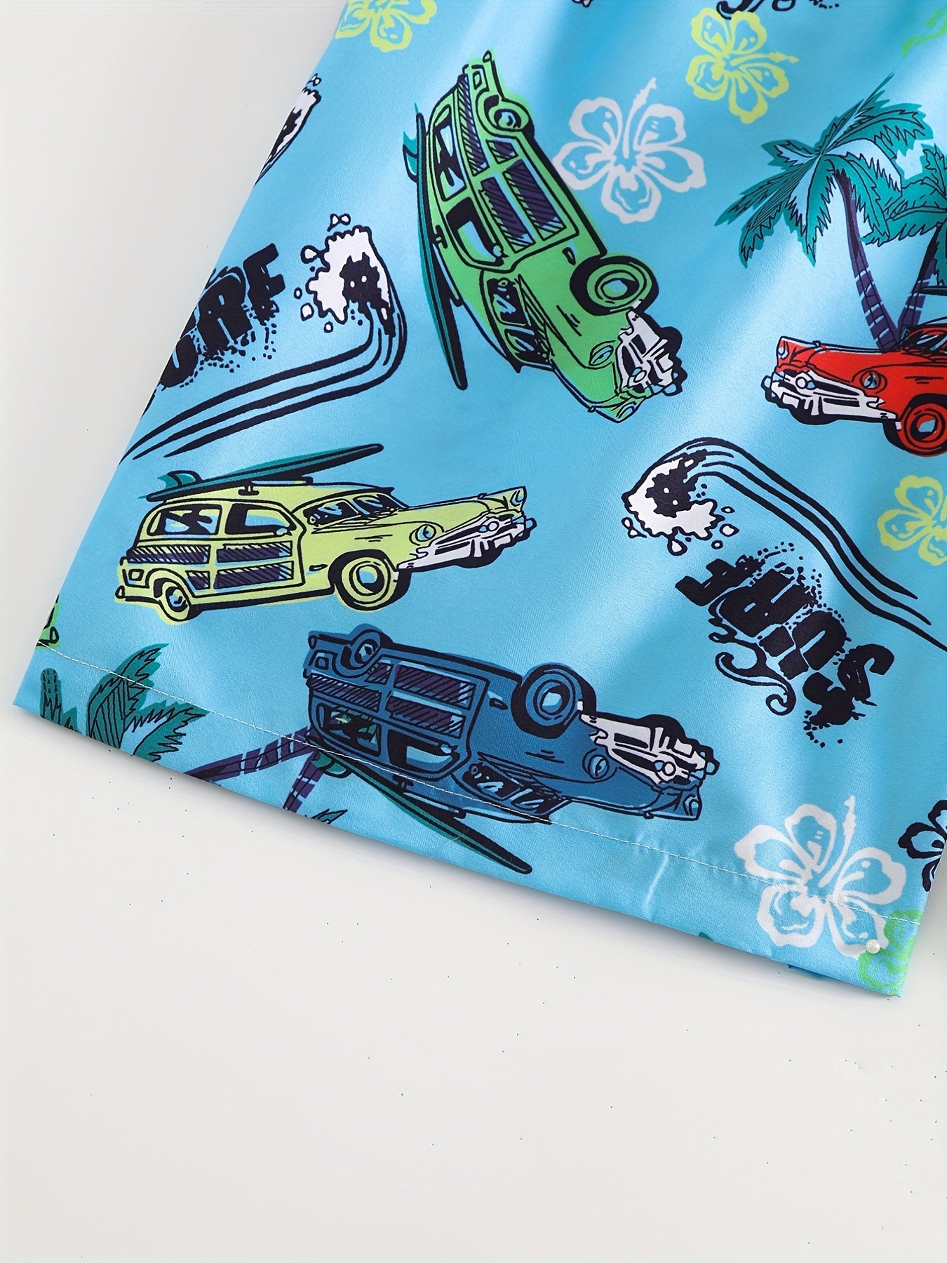 Quick Dry Drawstring Swim Trunks Men's Cars & Coconut Tree Beach Pants