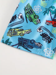 Quick Dry Drawstring Swim Trunks Men's Cars & Coconut Tree Beach Pants