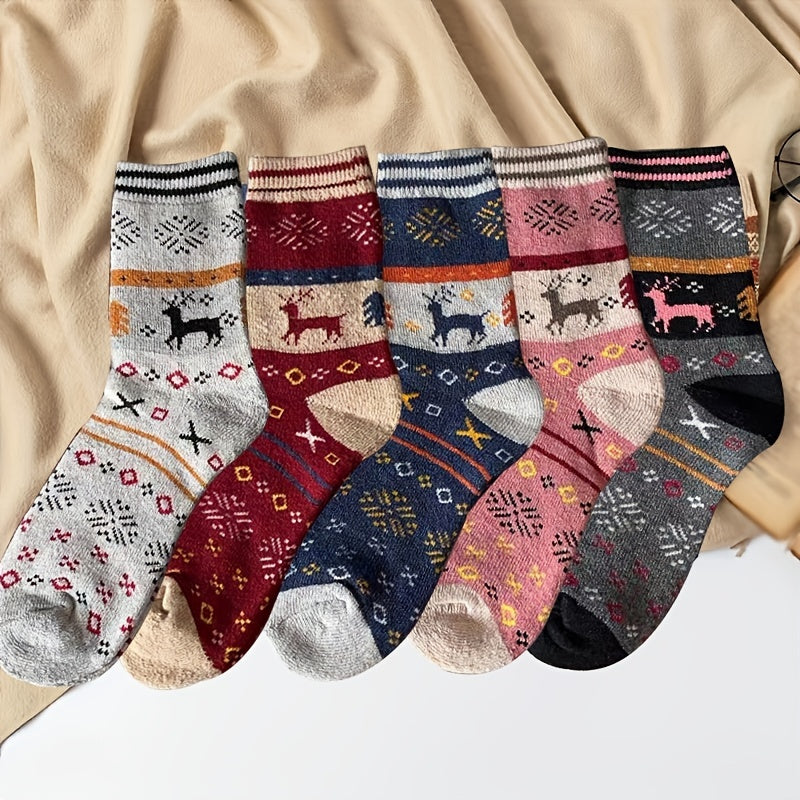 5 Pairs Elk Print Socks Christmas Crew Women's Stockings