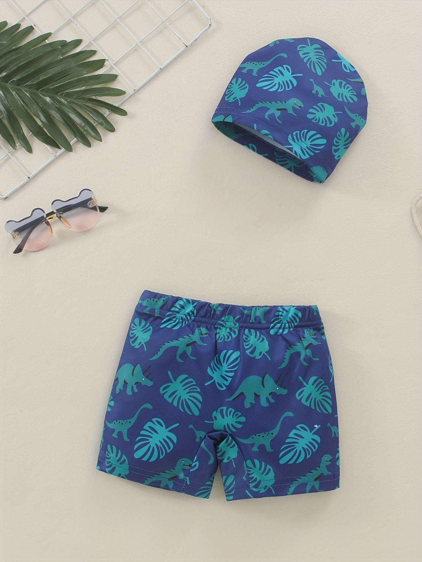 Boys Dino & Leaves Print Swim Trunks & Cap Set for Beach Vacation