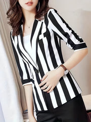Striped Lapel Blazer Half Sleeve One Button Office Outerwear