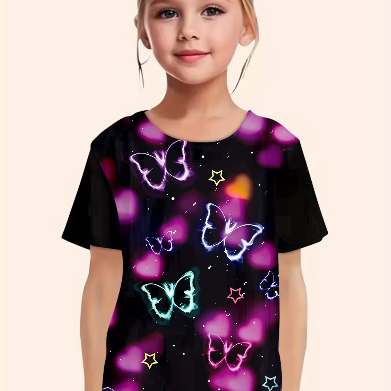 Girls Butterfly & Heart Print Tee Summer Clothes Gift