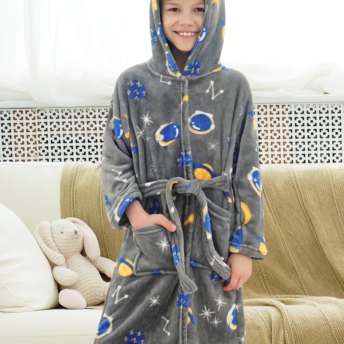 Kid's Cartoon Hooded Flannel Bathrobe PJ Set