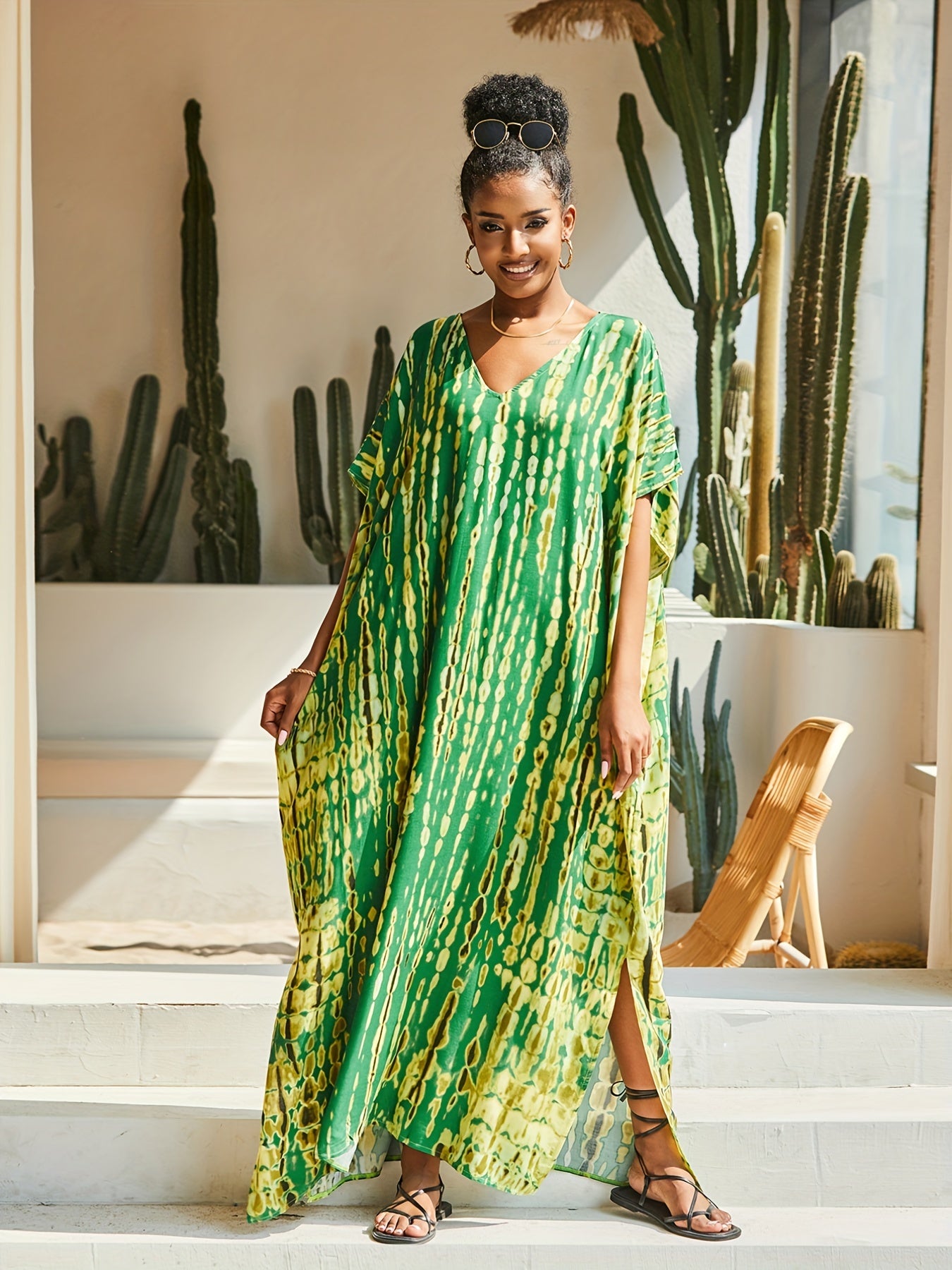 Tie Dye Striped V Neck Bat Sleeve Beach Cover Up Dress