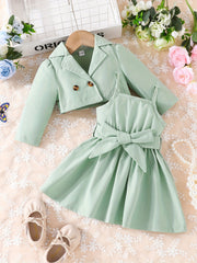Baby Girl's 2pcs Set Lapel Long Sleeve Coat Belted Suspender Skirt Party Outfit