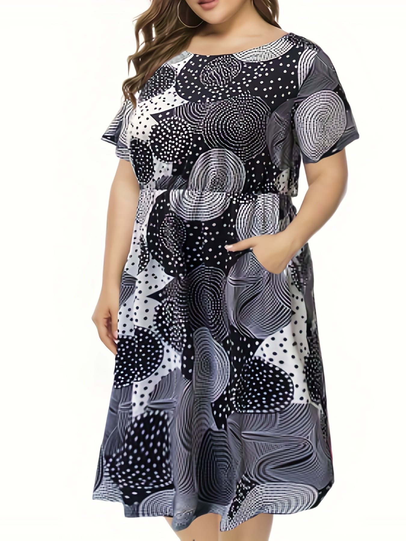 Polka Dot Print Round Neck Dress With Pockets