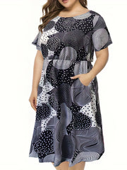 Polka Dot Print Round Neck Dress With Pockets