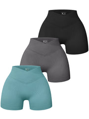 3pcs Cross Waist Ribbed Yoga Shorts Seamless Workout High Waist