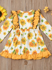Baby Girls Princess Floral Ruffles Dress Long Sleeve Casual Kids Dress