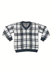 Men's Plaid Loose Fit V Neck Sweater for Fall Winter