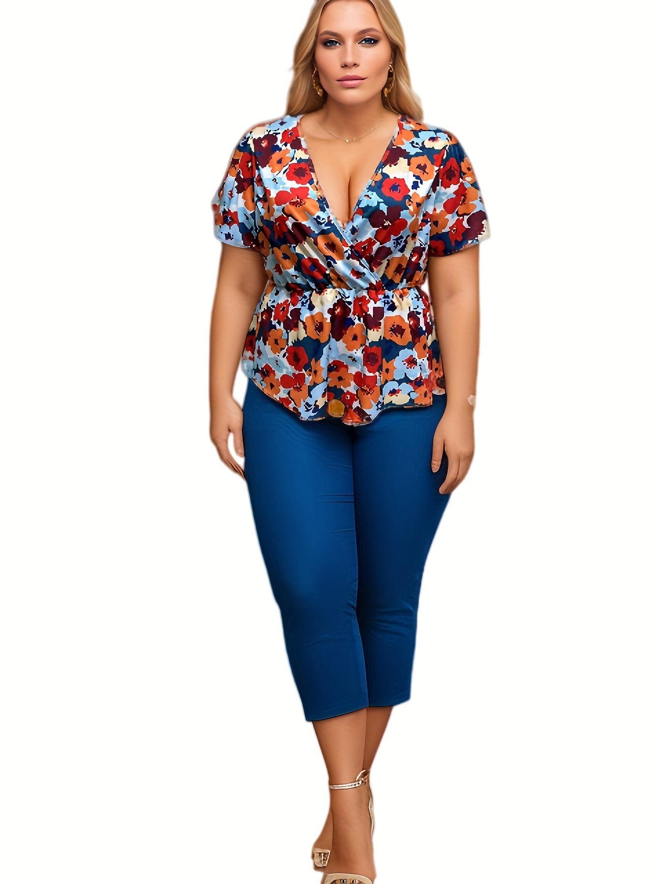 Plus Floral Print Ruffle Sleeve Blouse