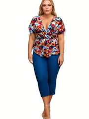 Plus Floral Print Ruffle Sleeve Blouse
