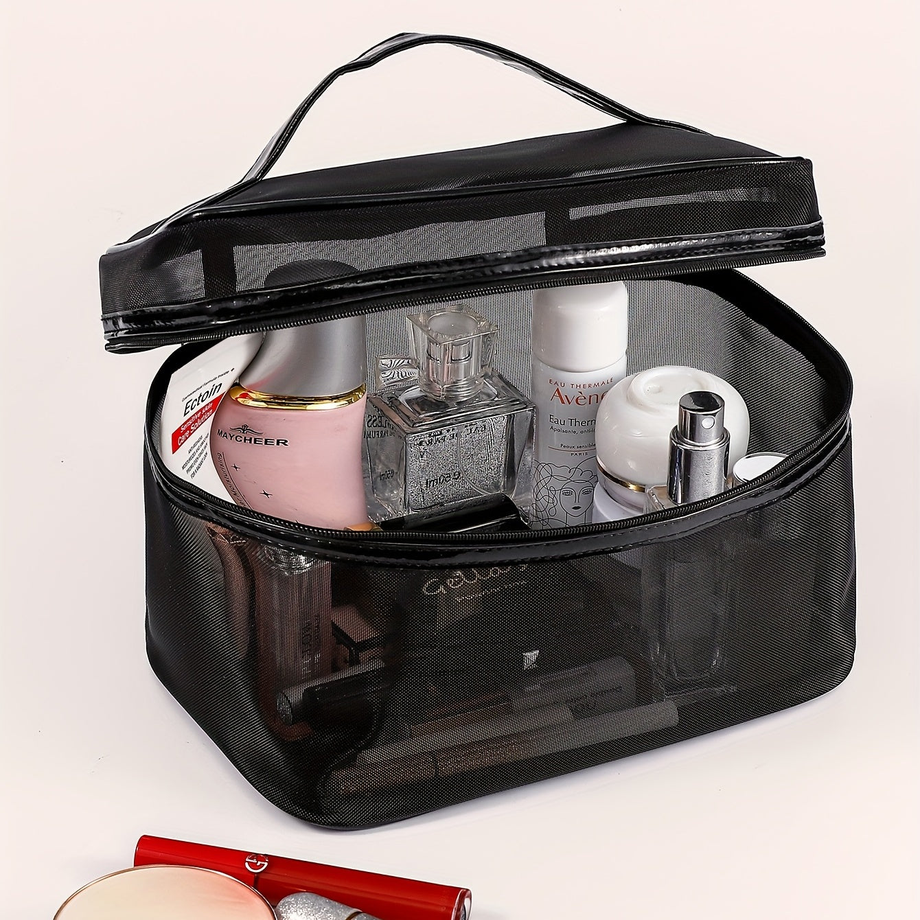 Clear Mesh Square Makeup Bag With Handle Portable Cosmetic Bag