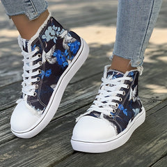 Women's Floral High Top Canvas Sneakers Lace Up Flat Shoes