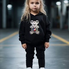 Cartoon Love Bear Print Hooded Pullover Pants Set For Sports
