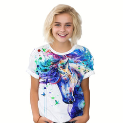 Tie Dye Horse Short Sleeve T-shirt Loose Fit Pullover For Kids