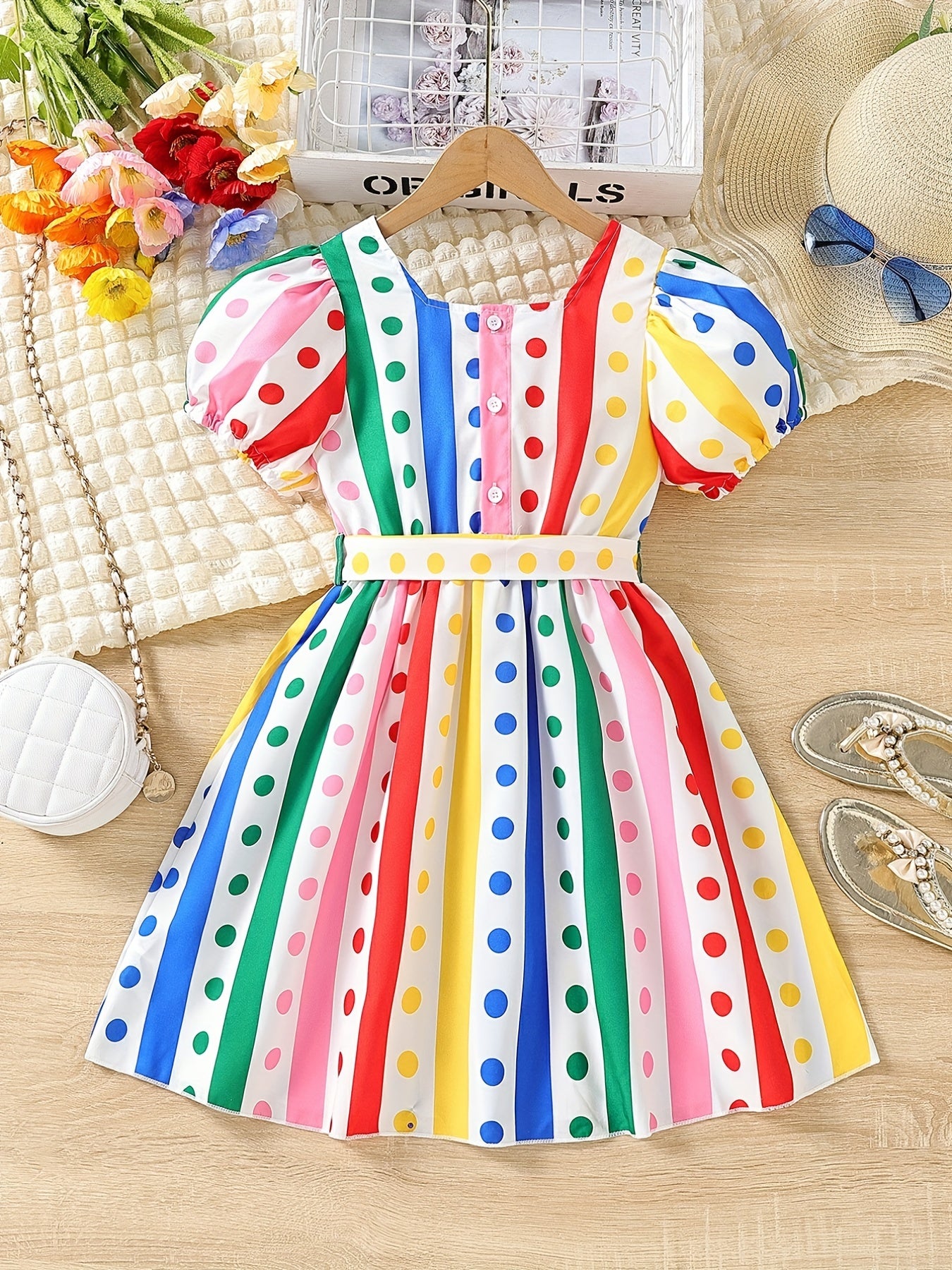 Little Girls' Rainbow Stripe Short Sleeve Dress Party Vacation Kids Clothes