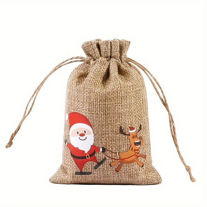 6pcs Christmas Linen Flax Bag Santa Claus Patterns Drawstring Pouch