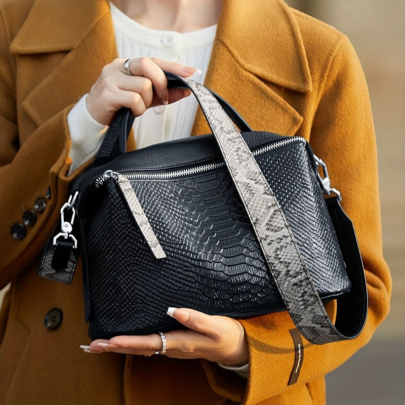 Vintage Leather Handbag Crocodile Pattern Zipper Closure Stylish Shoulder Bag