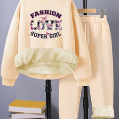 Women's Plus Letter Print Fleece Top & Pants Outfits Set