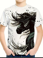 3D Horse Graphic Short Sleeve T shirt Boys Girls Western Style