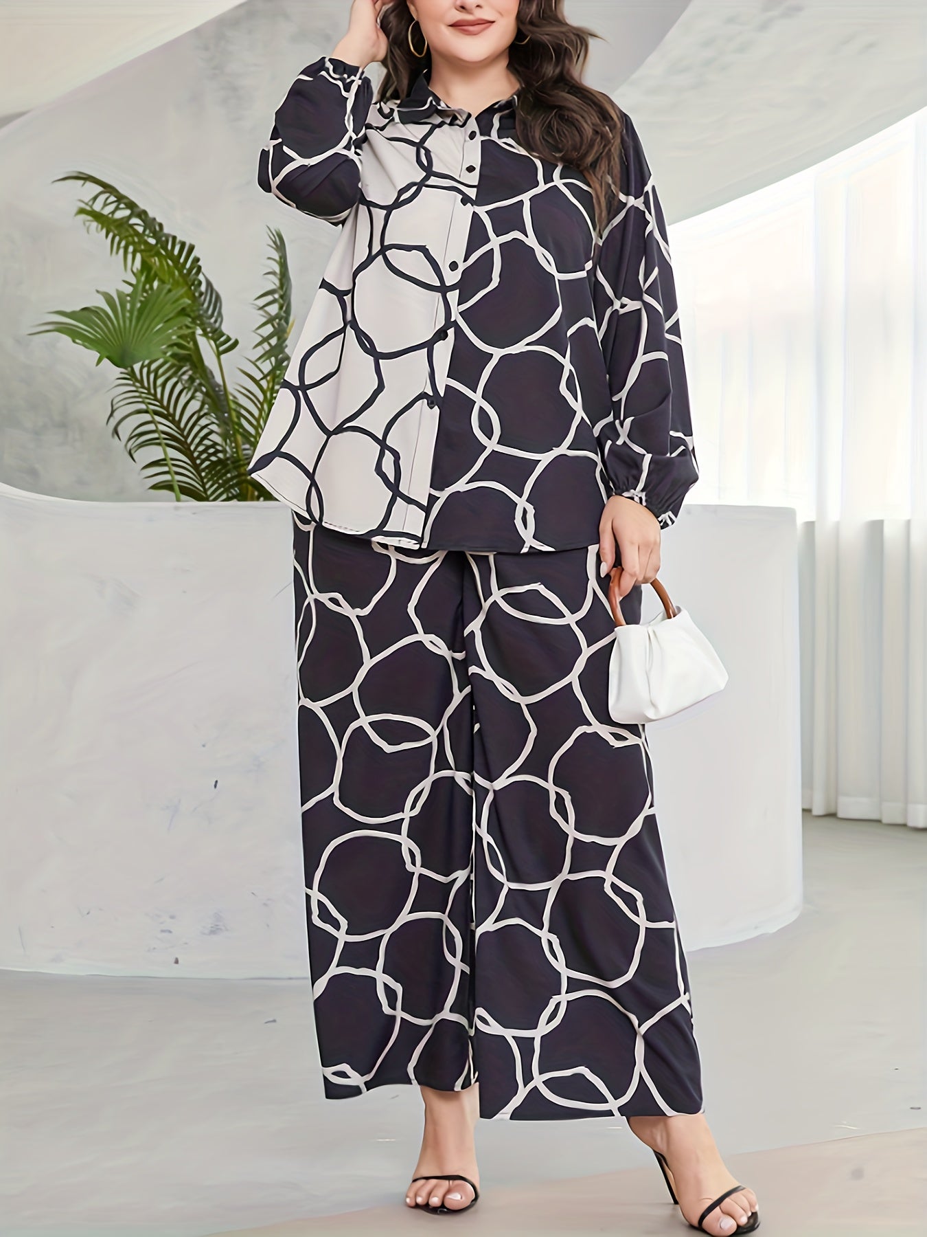Geometric Print Button Up Blouse & Wide Leg Pants Set
