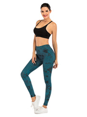Dark Cyan Print Leggings High Waist Slim Fit Casual Elastic Bottoms