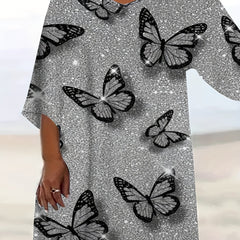 Butterfly Print Half Sleeve V Neck Dress
