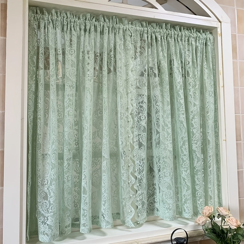 Green Beaded Lace Short Kitchen Curtain Light Filtering Half Curtain