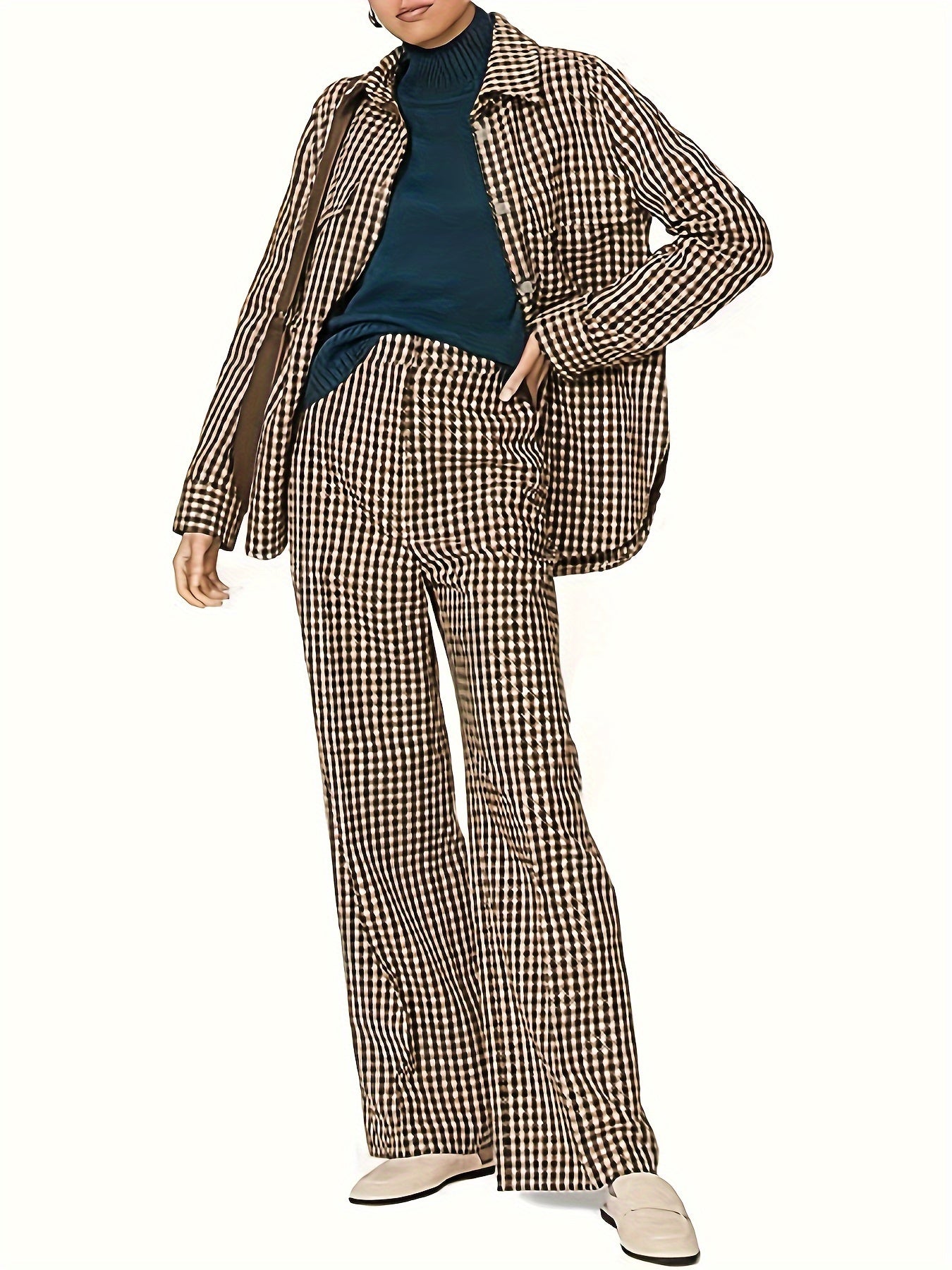 Houndstooth Print Shacket & Pants 2 Piece Set