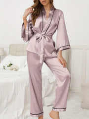 Satin Pajama Set Long Sleeve Top & Pants Women's Sleepwear