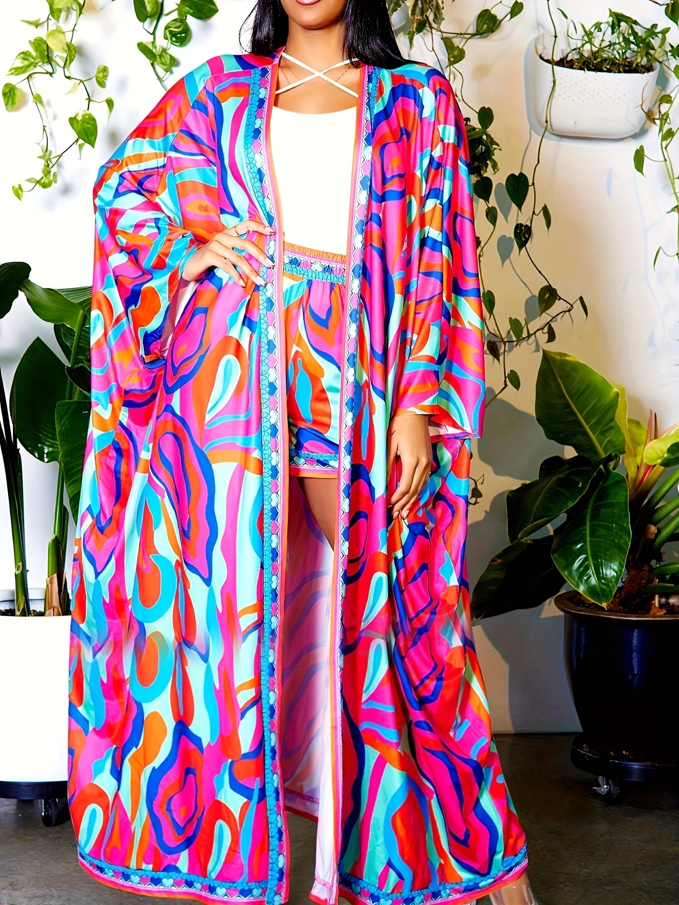 Boho 2 Piece Set Women's Floral Bat Sleeve Cover Up & Shorts