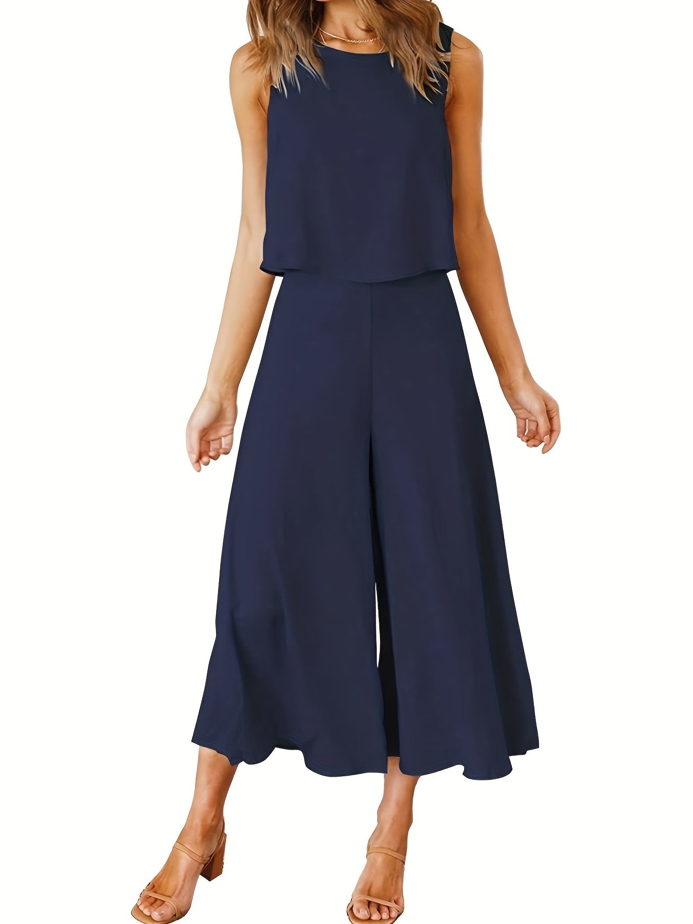 Solid 2pc Set Tank Top & Wide Leg Pants Outfit Women's Clothing