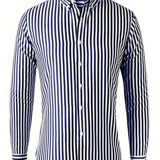 Men's Vertical Striped Button Up Shirt for Business Occasion