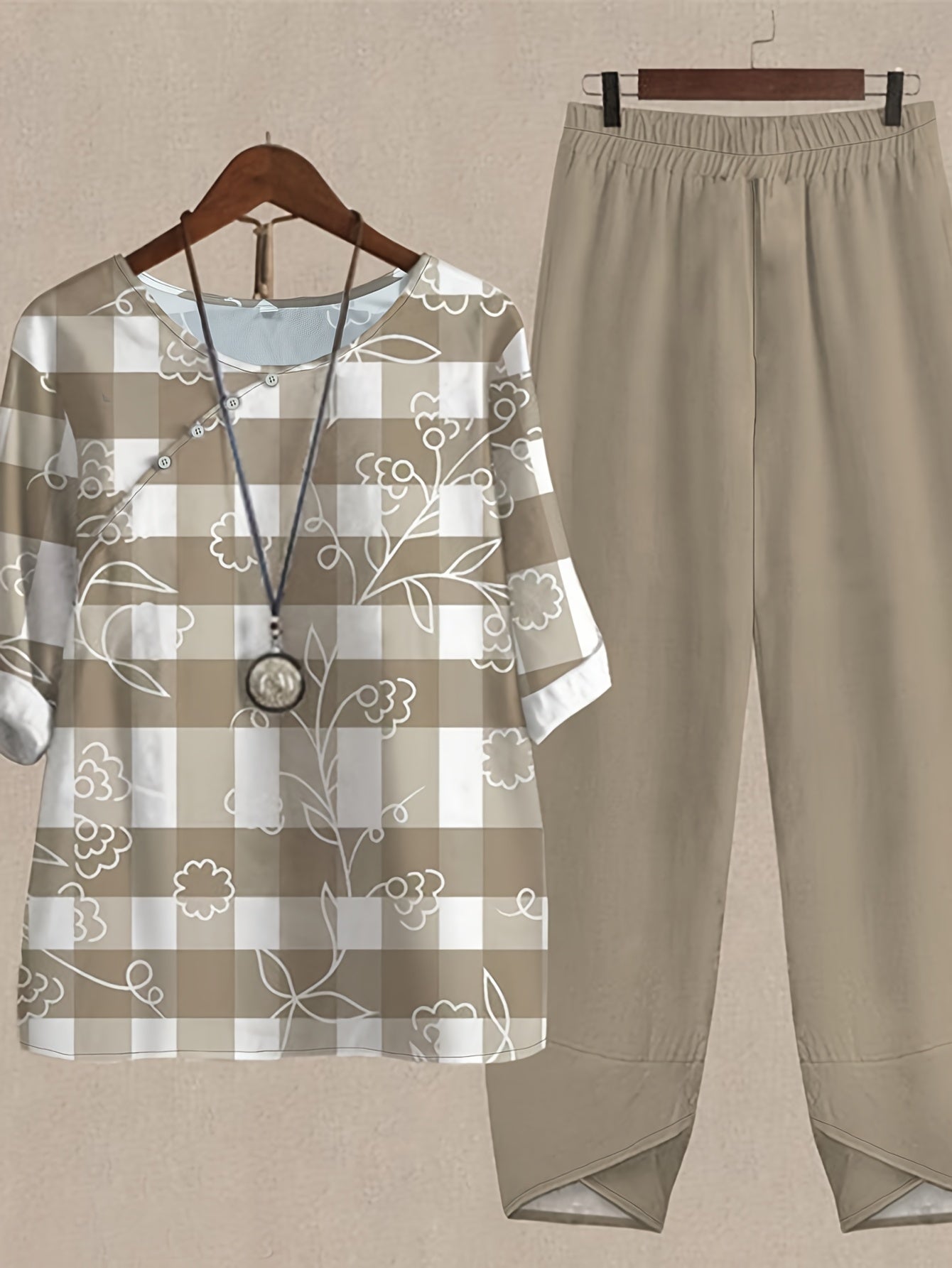 Women's Plus Size Floral & Plaid Print Top & Harem Pants Set