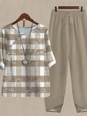 Women's Plus Size Floral & Plaid Print Top & Harem Pants Set