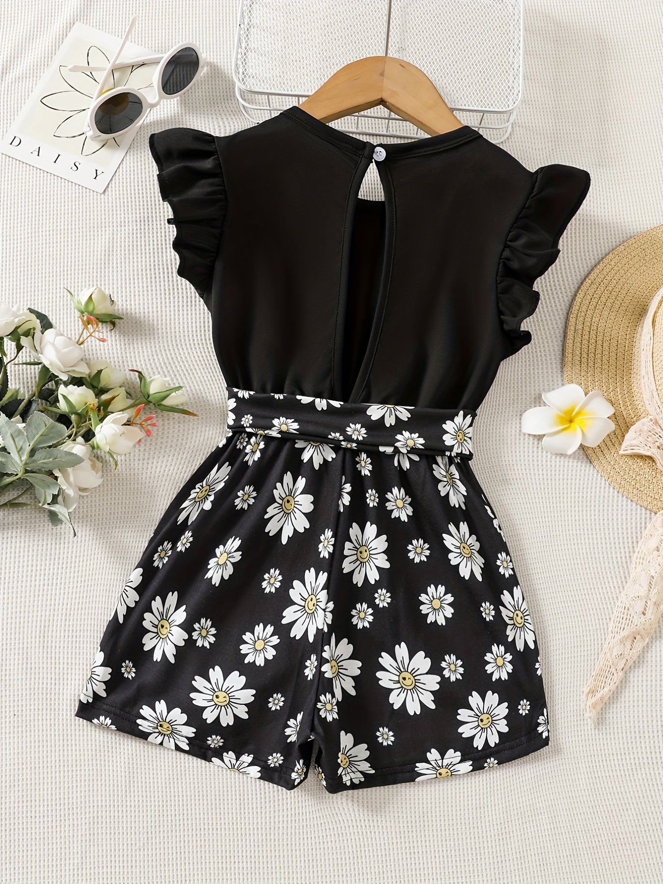 Toddler Girls Ruffle Trim Daisy Graphic Romper Jumpsuit