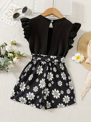 Toddler Girls Ruffle Trim Daisy Graphic Romper Jumpsuit