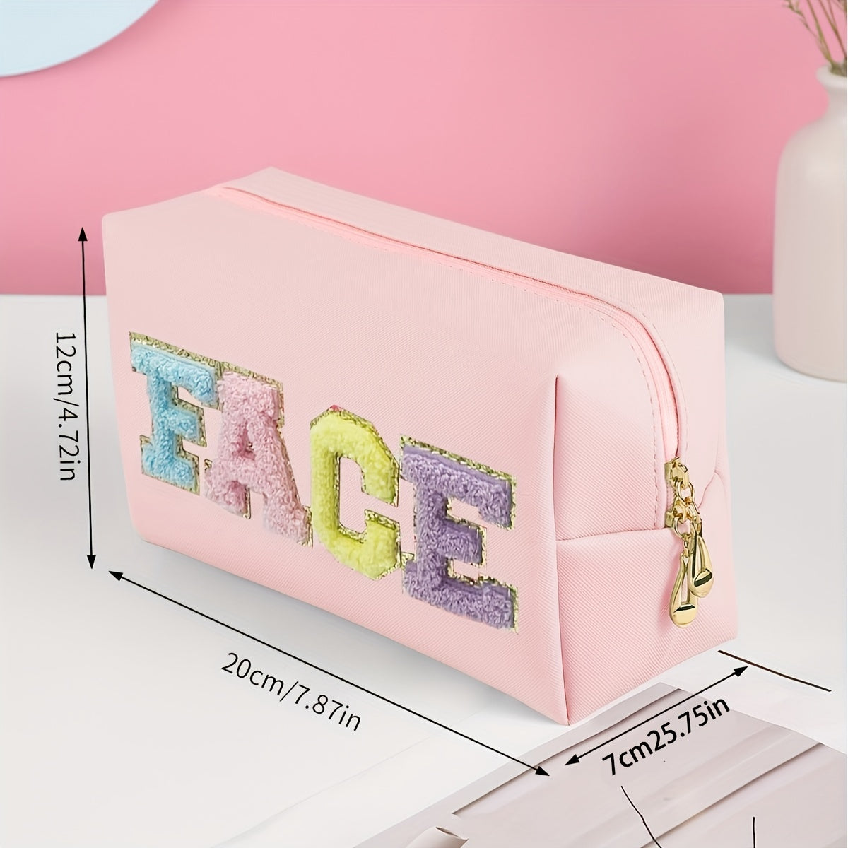 Preppy Patch Cosmetic Bag PU Leather Makeup Zipper Pouch