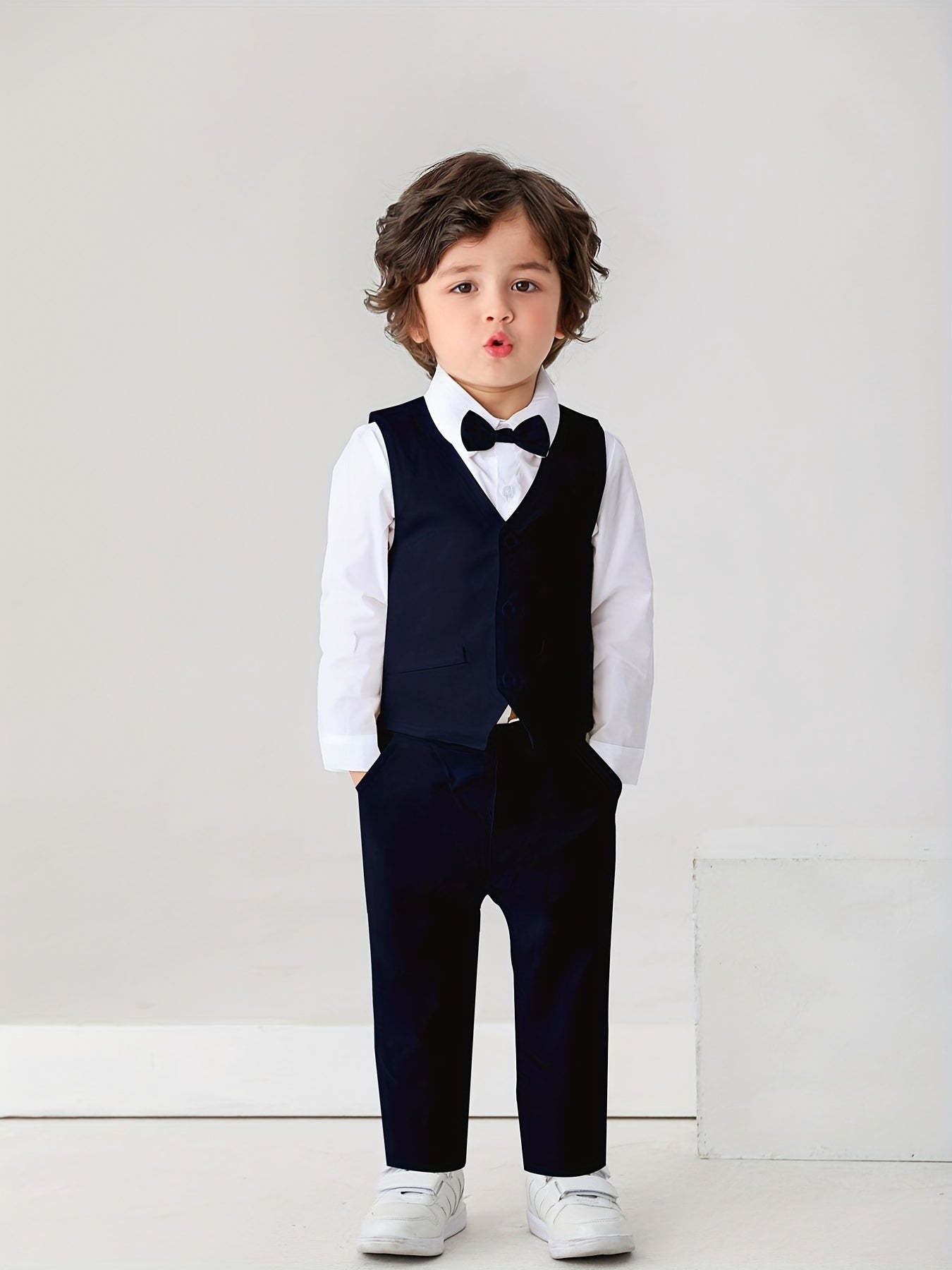Kids Gentleman Suit 3pcs Dress Shirt Vest And Pants With Bow For Baby Boys