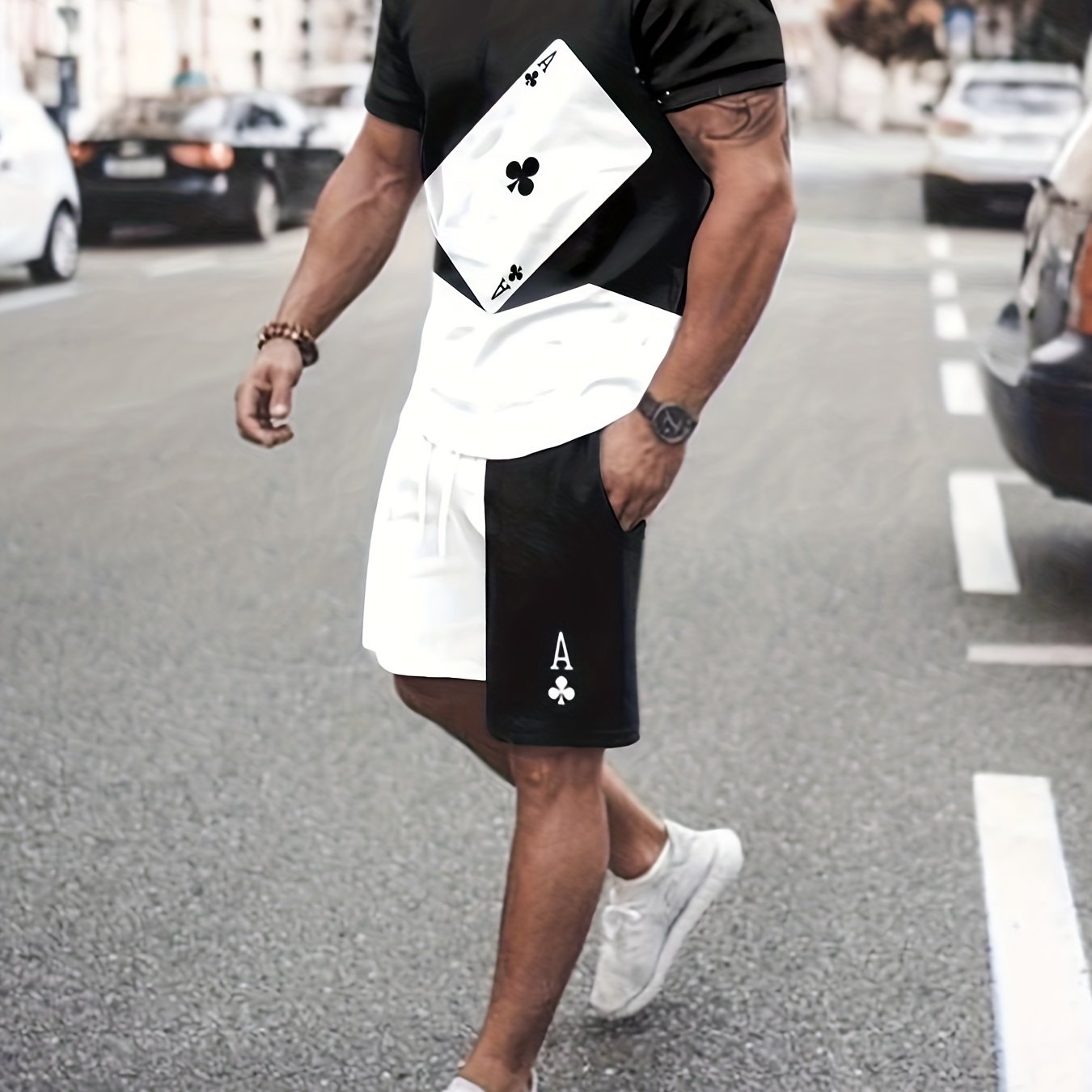 Poker Pattern Men's 2 Piece Outfits T-shirt & Drawstring Shorts Set
