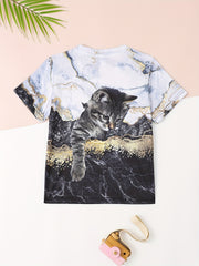 Adorable Kitty Graphic Crew Neck T shirt Girls Comfy Tees