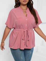 Solid Short Sleeve Blouse with Belted Top